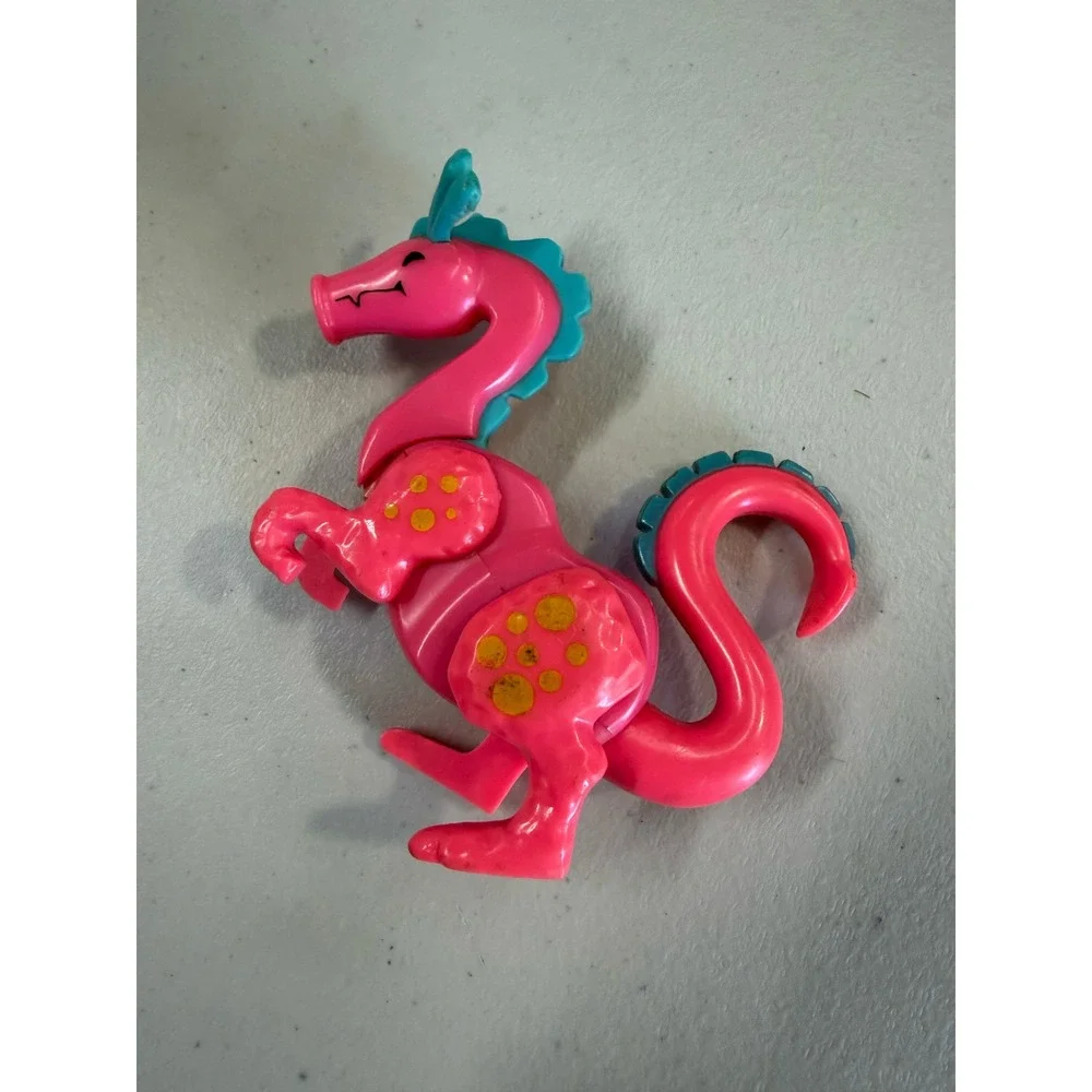 Vintage Pink Dragon Action Figure‎ Mythical Creature Toy Teal Fins Yellow Spots